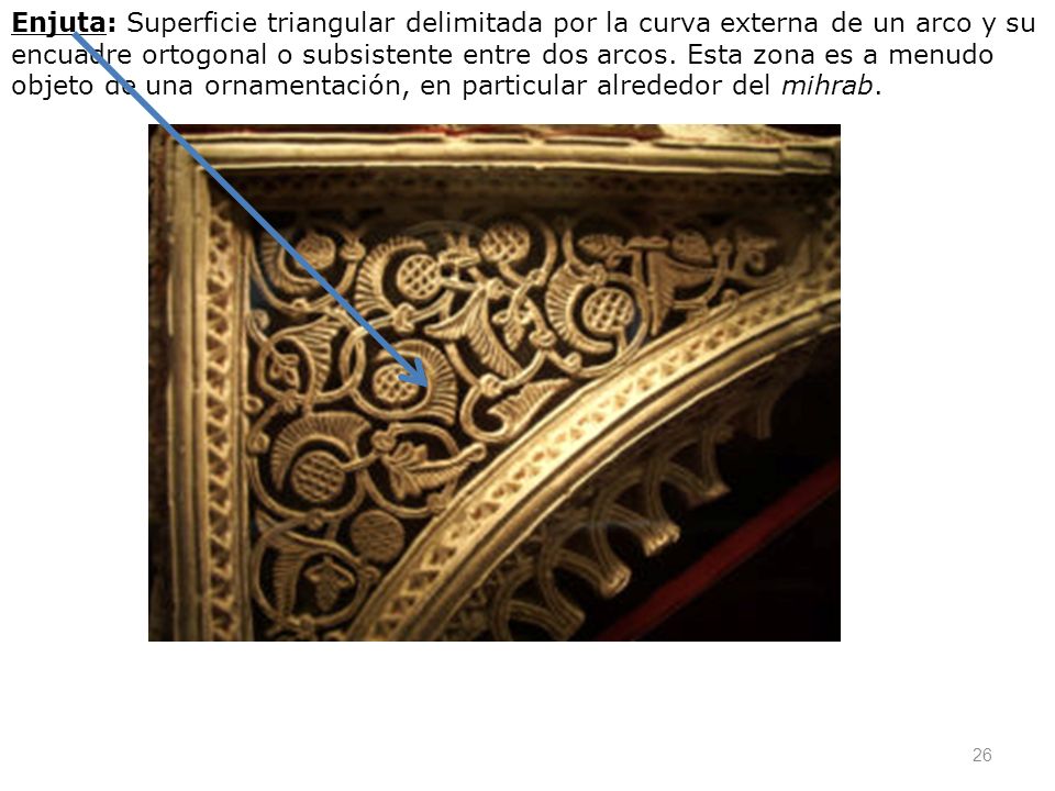 Enjuta: Superficie triangular delimitada por la curva externa de un arco y su encuadre ortogonal o subsistente entre dos arcos.