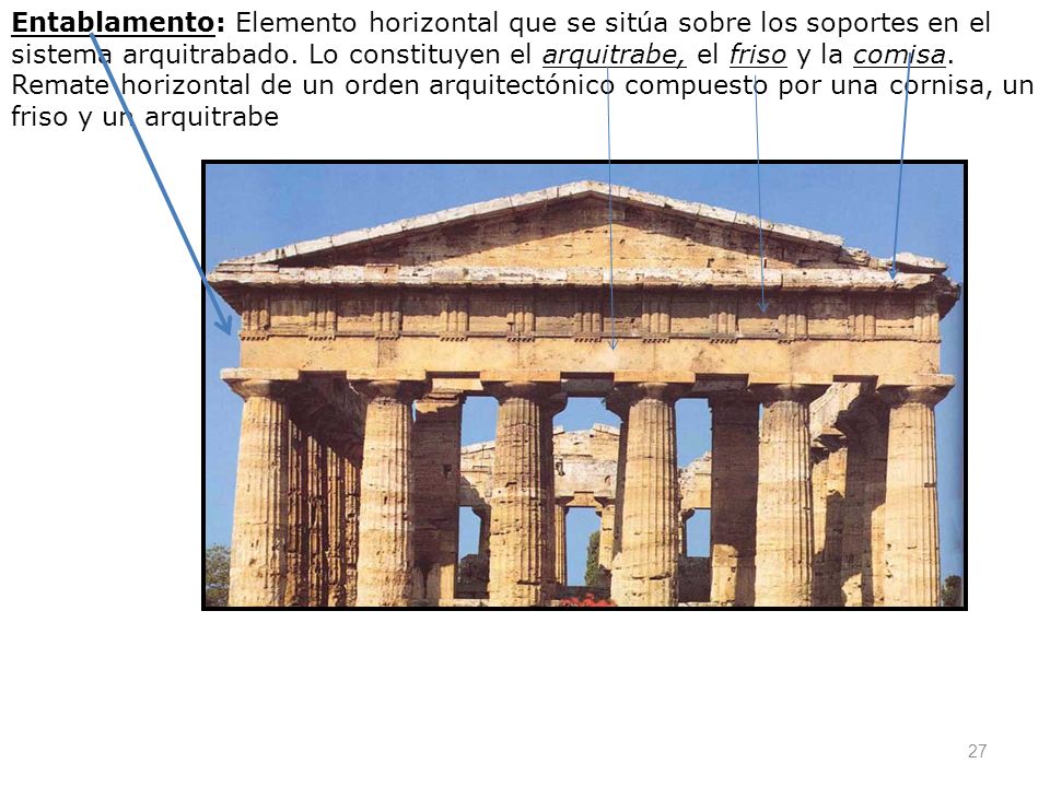 Entablamento: Elemento horizontal que se sitúa sobre los soportes en el sistema arquitrabado.