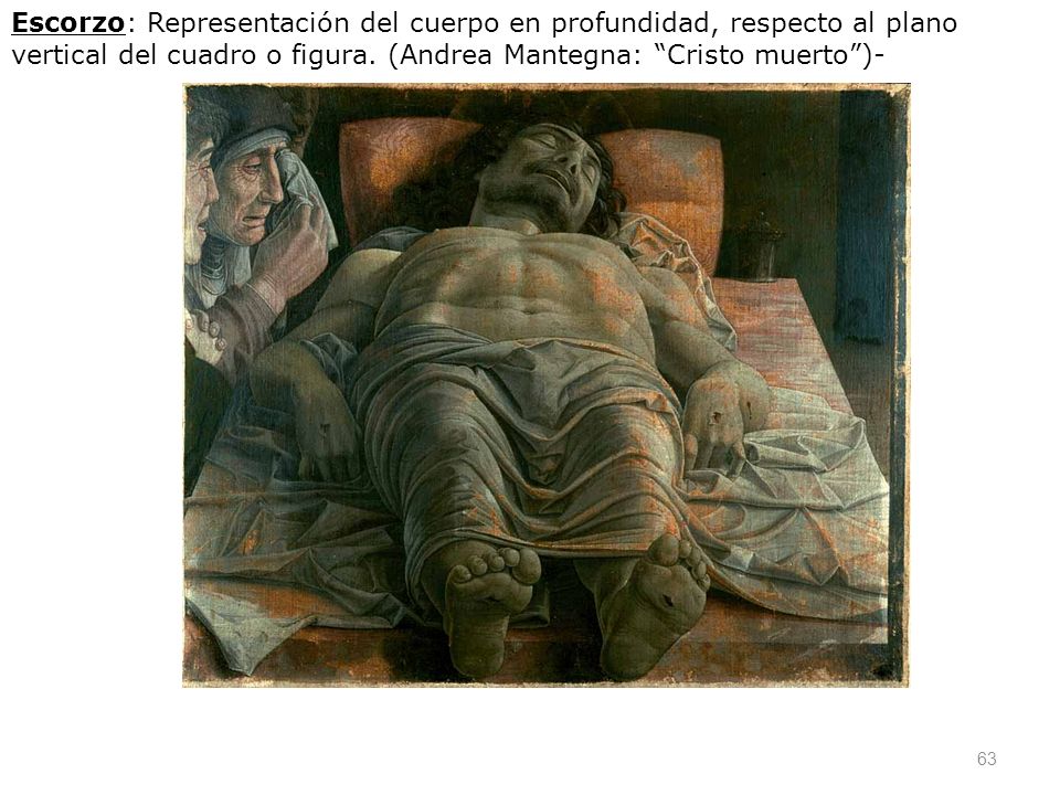 Escorzo: Representación del cuerpo en profundidad, respecto al plano vertical del cuadro o figura.