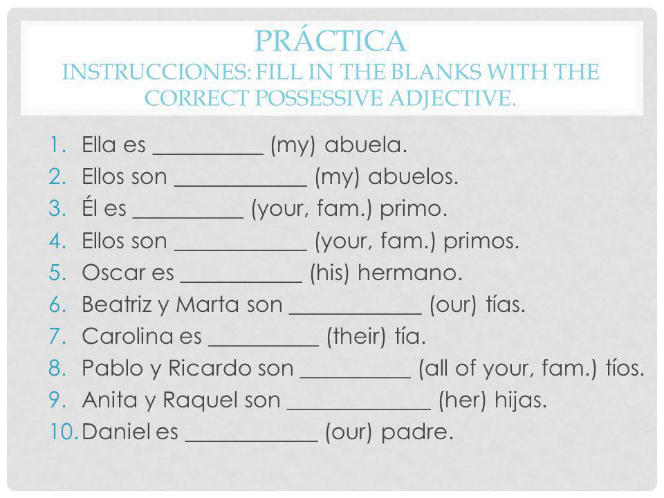 Práctica Instrucciones: Fill in the blanks with the correct possessive adjective.