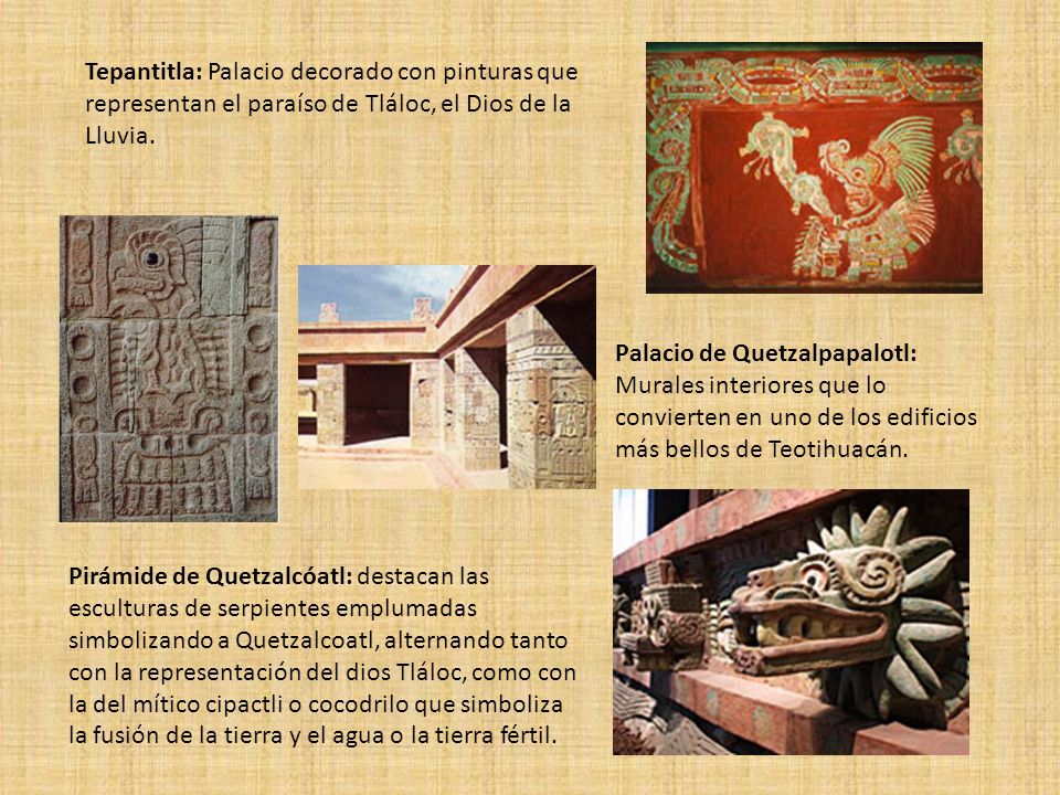 Tepantitla: Palacio decorado con pinturas que representan el paraíso de Tláloc, el Dios de la Lluvia.