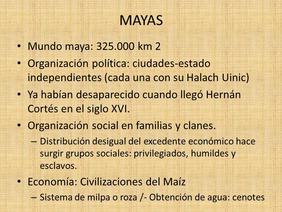 MAYAS Mundo maya: km 2. Organización política: ciudades-estado independientes (cada una con su Halach Uinic)