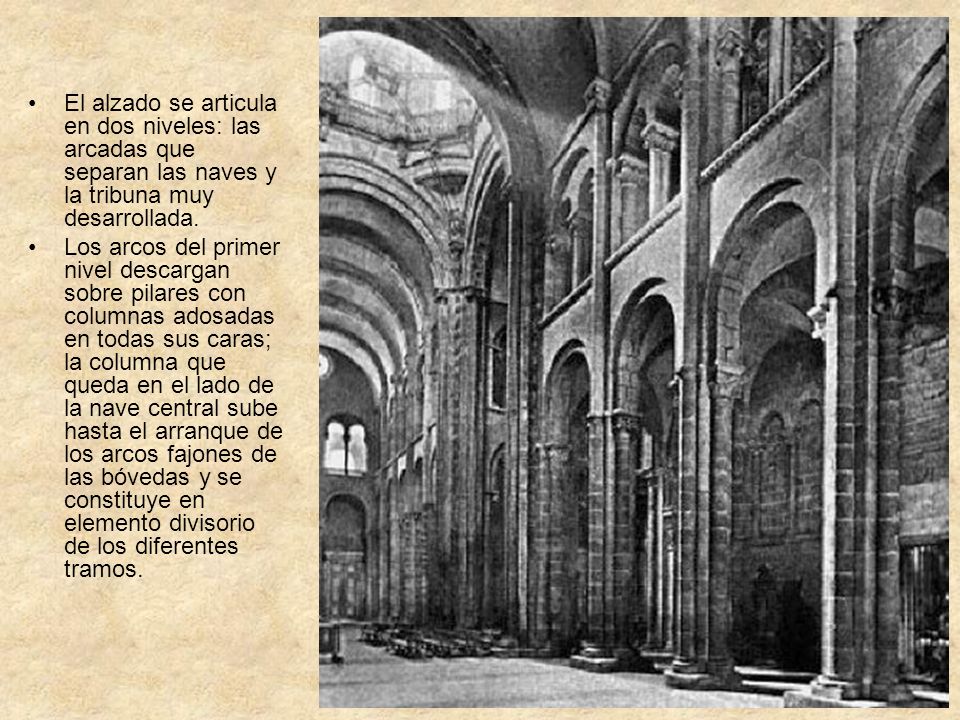 El alzado se articula en dos niveles: las arcadas que separan las naves y la tribuna muy desarrollada.