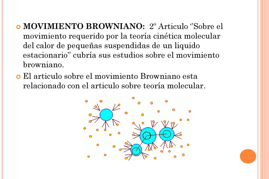 MOVIMIENTO BROWNIANO: 2º Articulo ‘’Sobre el movimiento requerido por la teoría cinética molecular del calor de pequeñas suspendidas de un liquido estacionario’’ cubría sus estudios sobre el movimiento browniano.