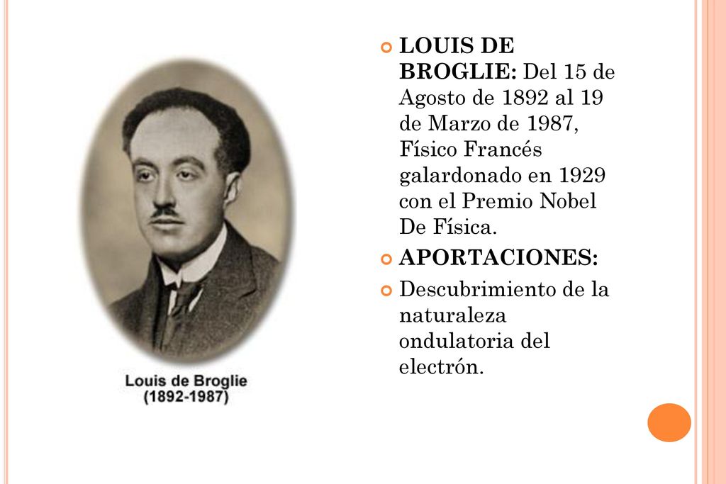 LOUIS DE BROGLIE: Del 15 de Agosto de 1892 al 19 de Marzo de 1987, Físico Francés galardonado en 1929 con el Premio Nobel De Física.