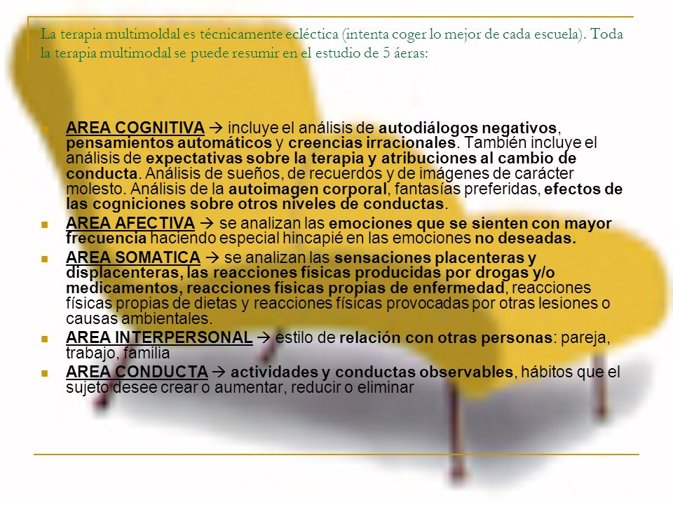 La terapia multimoldal es técnicamente ecléctica (intenta coger lo mejor de cada escuela). Toda la terapia multimodal se puede resumir en el estudio de 5 áeras: