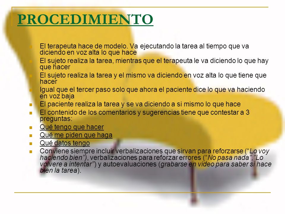 PROCEDIMIENTO El terapeuta hace de modelo. Va ejecutando la tarea al tiempo que va diciendo en voz alta lo que hace.