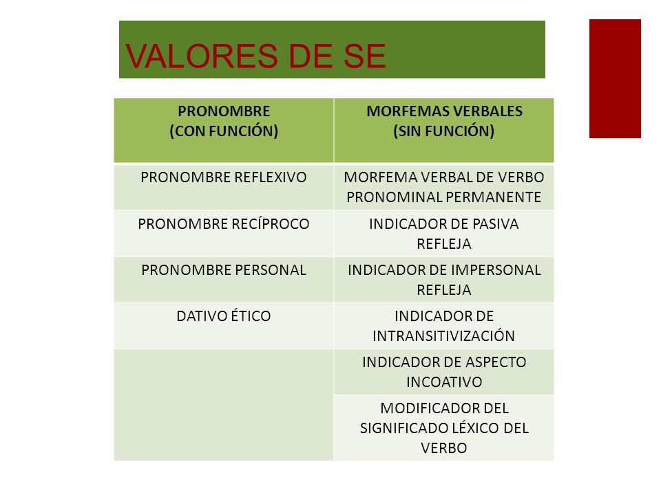 VALORES DE SE PRONOMBRE (CON FUNCIÓN) MORFEMAS VERBALES (SIN FUNCIÓN)