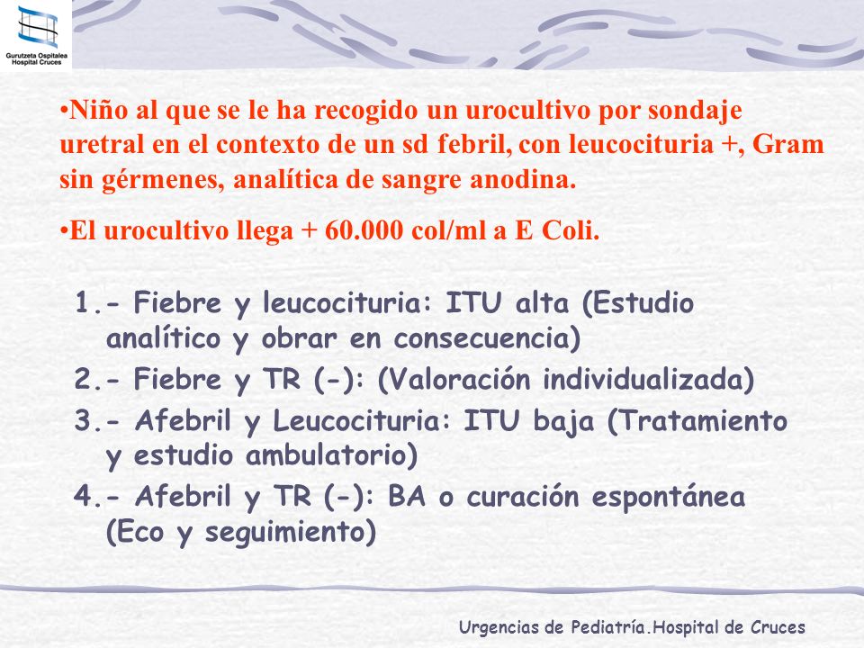 Niño al que se le ha recogido un urocultivo por sondaje uretral en el contexto de un sd febril, con leucocituria +, Gram sin gérmenes, analítica de sangre anodina.
