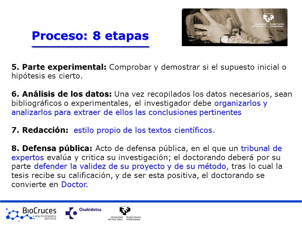 Proceso: 8 etapas 5. Parte experimental: Comprobar y demostrar si el supuesto inicial o hipótesis es cierto.