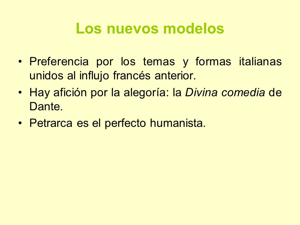 Los nuevos modelos Preferencia por los temas y formas italianas unidos al influjo francés anterior.