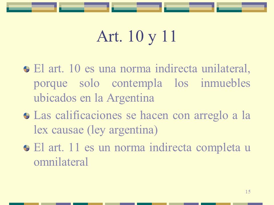 Art. 10 y 11 El art. 10 es una norma indirecta unilateral, porque solo contempla los inmuebles ubicados en la Argentina.
