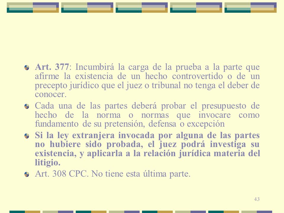 Art. 377: Incumbirá la carga de la prueba a la parte que afirme la existencia de un hecho controvertido o de un precepto jurídico que el juez o tribunal no tenga el deber de conocer.