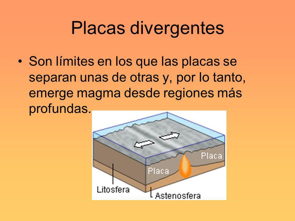Placas divergentes Son límites en los que las placas se separan unas de otras y, por lo tanto, emerge magma desde regiones más profundas.