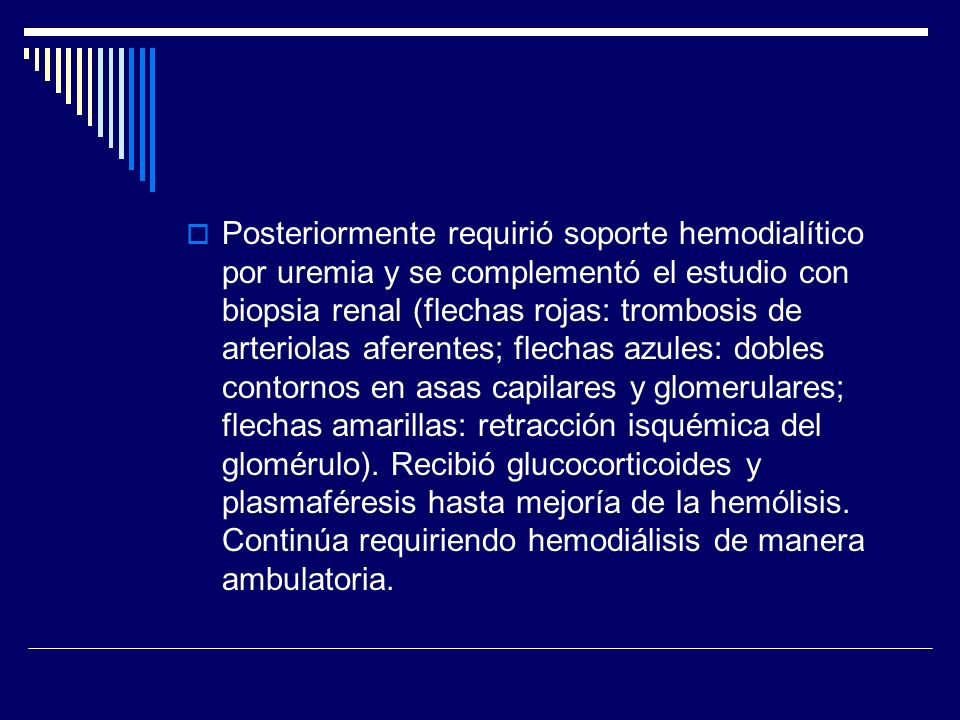 Posteriormente requirió soporte hemodialítico por uremia y se complementó el estudio con biopsia renal (flechas rojas: trombosis de arteriolas aferentes; flechas azules: dobles contornos en asas capilares y glomerulares; flechas amarillas: retracción isquémica del glomérulo).