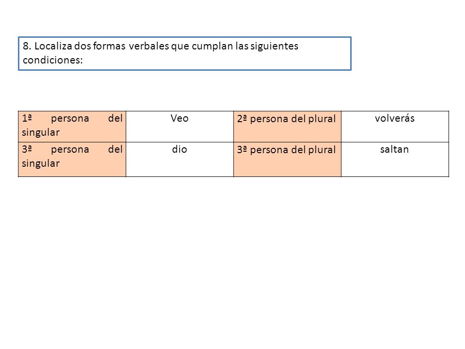 8. Localiza dos formas verbales que cumplan las siguientes condiciones: