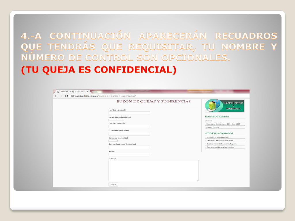 4.-A CONTINUACIÓN APARECERÁN RECUADROS QUE TENDRÁS QUE REQUISITAR, TU NOMBRE Y NÚMERO DE CONTROL SON OPCIONALES.