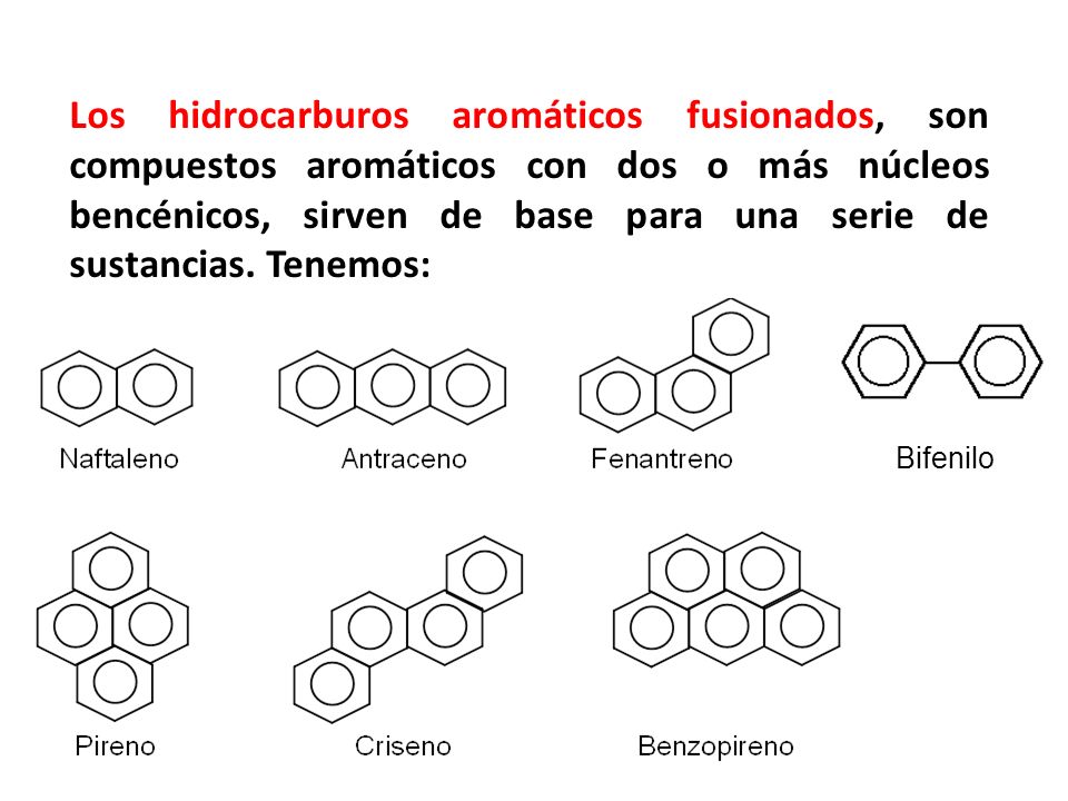 Los hidrocarburos aromáticos fusionados, son compuestos aromáticos con dos o más núcleos bencénicos, sirven de base para una serie de sustancias. Tenemos: