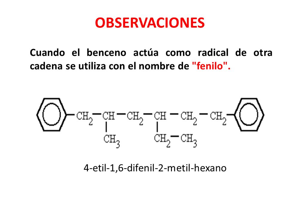 OBSERVACIONES Cuando el benceno actúa como radical de otra cadena se utiliza con el nombre de fenilo .