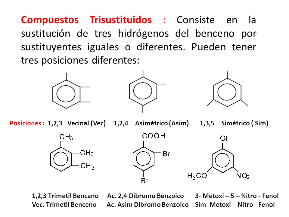 Compuestos Trisustituidos : Consiste en la sustitución de tres hidrógenos del benceno por sustituyentes iguales o diferentes. Pueden tener tres posiciones diferentes: