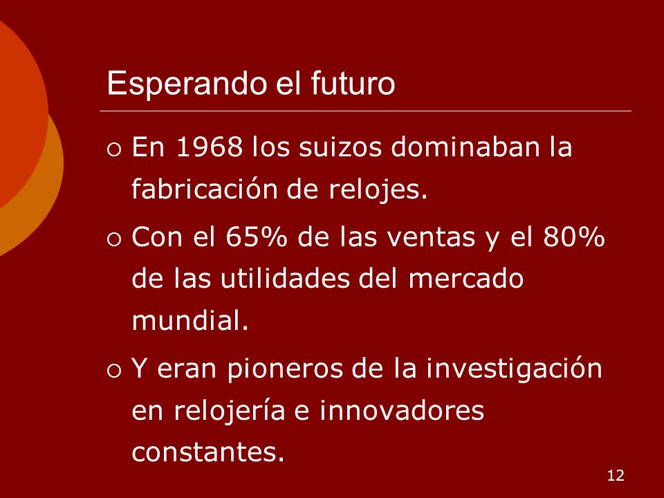Esperando el futuro En 1968 los suizos dominaban la fabricación de relojes. Con el 65% de las ventas y el 80% de las utilidades del mercado mundial.