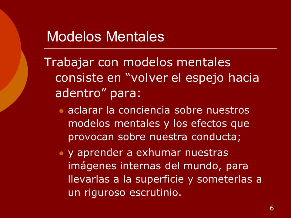 MODELOS MENTALES Modelos Mentales. Trabajar con modelos mentales consiste en volver el espejo hacia adentro para: