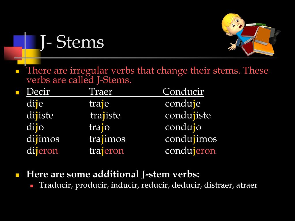 J- Stems There are irregular verbs that change their stems. These verbs are called J-Stems. Decir Traer Conducir.