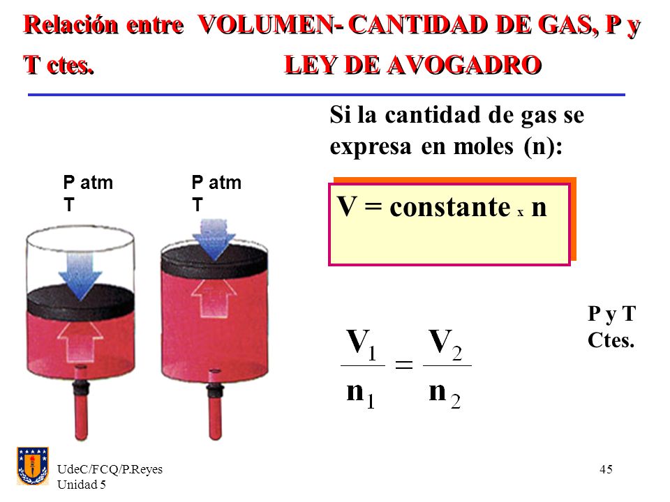 Relación entre VOLUMEN- CANTIDAD DE GAS, P y T ctes. LEY DE AVOGADRO