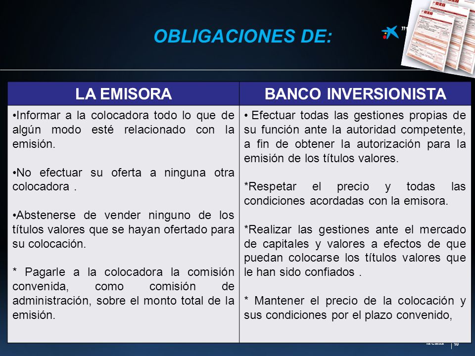 OBLIGACIONES DE: LA EMISORA BANCO INVERSIONISTA