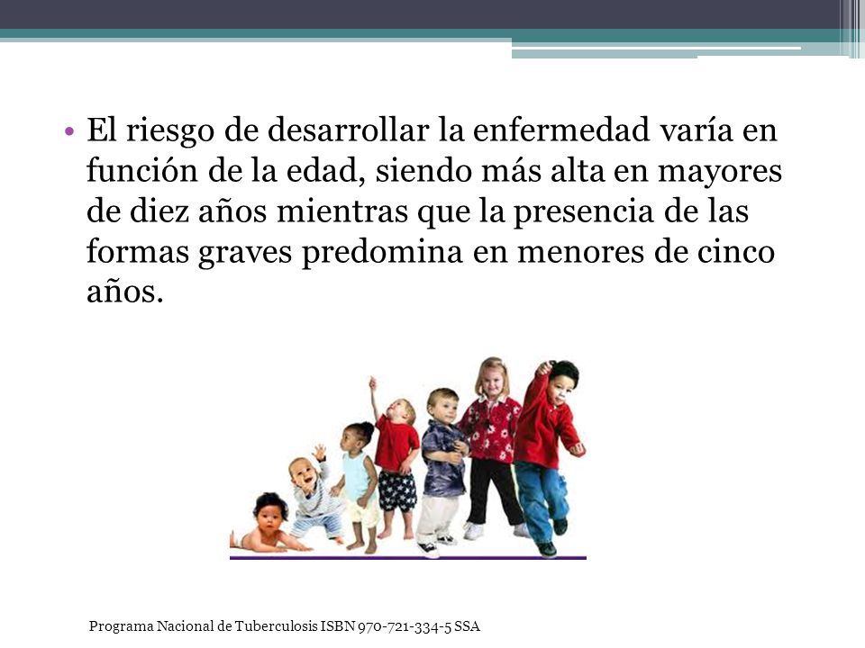 El riesgo de desarrollar la enfermedad varía en función de la edad, siendo más alta en mayores de diez años mientras que la presencia de las formas graves predomina en menores de cinco años.