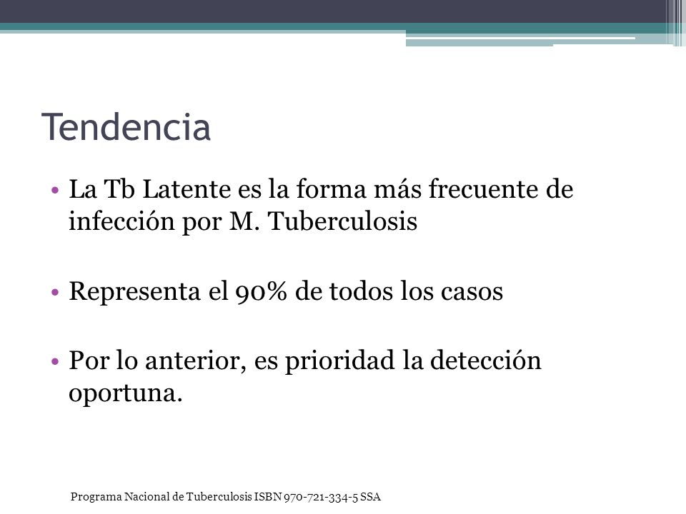 Tendencia La Tb Latente es la forma más frecuente de infección por M. Tuberculosis. Representa el 90% de todos los casos.
