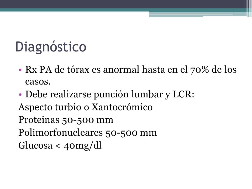 Diagnóstico Rx PA de tórax es anormal hasta en el 70% de los casos.