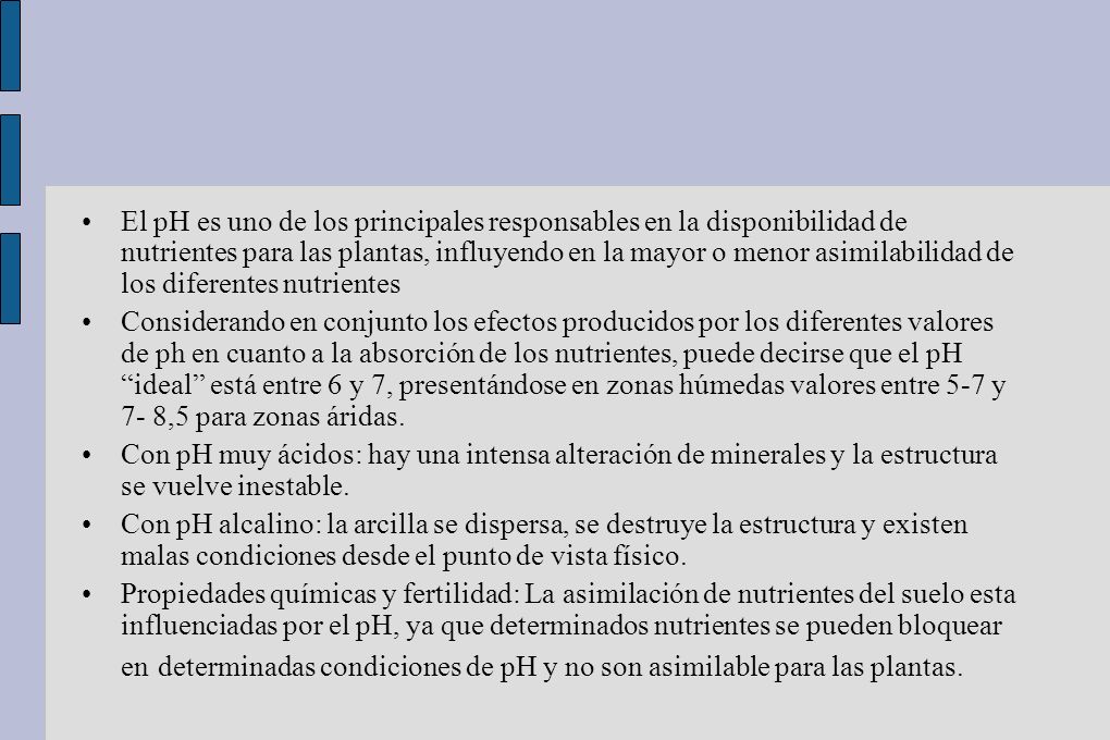 El pH es uno de los principales responsables en la disponibilidad de nutrientes para las plantas, influyendo en la mayor o menor asimilabilidad de los diferentes nutrientes