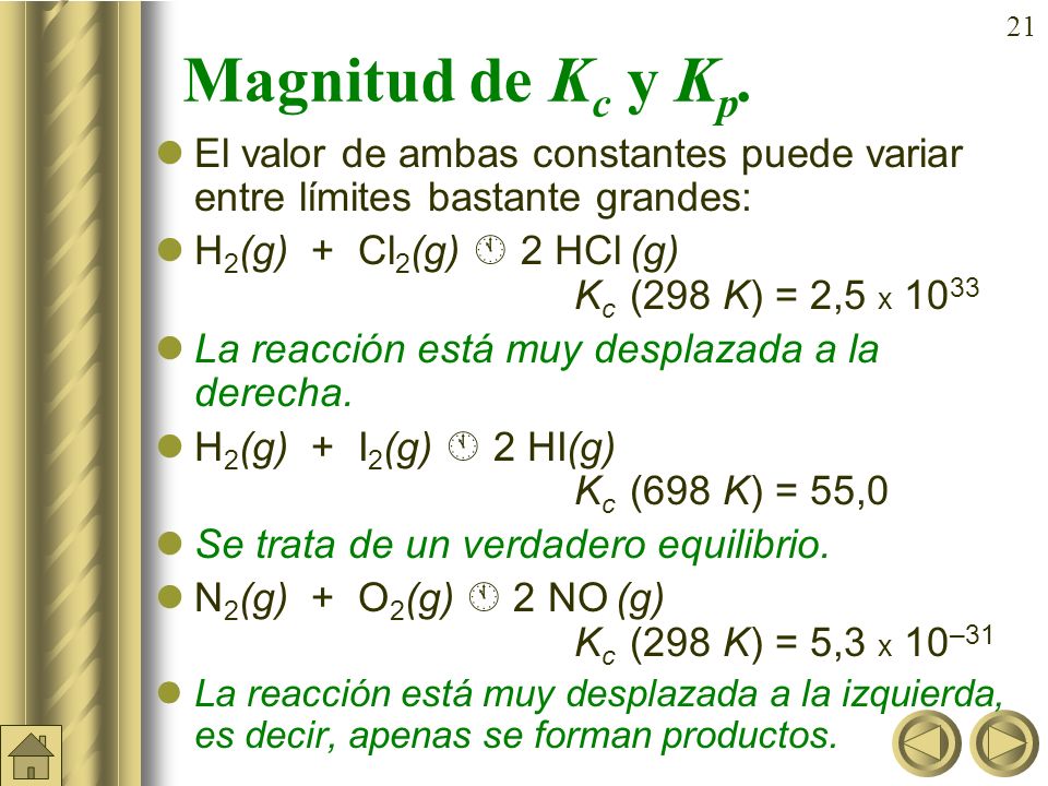 Magnitud de Kc y Kp. El valor de ambas constantes puede variar entre límites bastante grandes:
