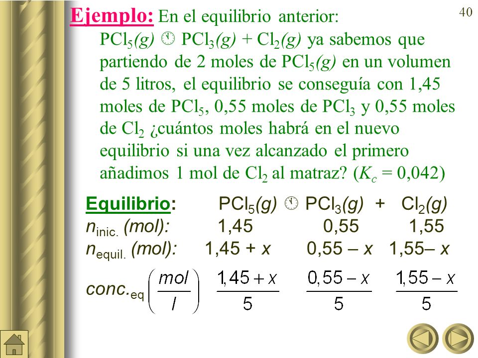 Ejemplo: En el equilibrio anterior: PCl5(g)  PCl3(g) + Cl2(g) ya sabemos que partiendo de 2 moles de PCl5(g) en un volumen de 5 litros, el equilibrio se conseguía con 1,45 moles de PCl5, 0,55 moles de PCl3 y 0,55 moles de Cl2 ¿cuántos moles habrá en el nuevo equilibrio si una vez alcanzado el primero añadimos 1 mol de Cl2 al matraz (Kc = 0,042)