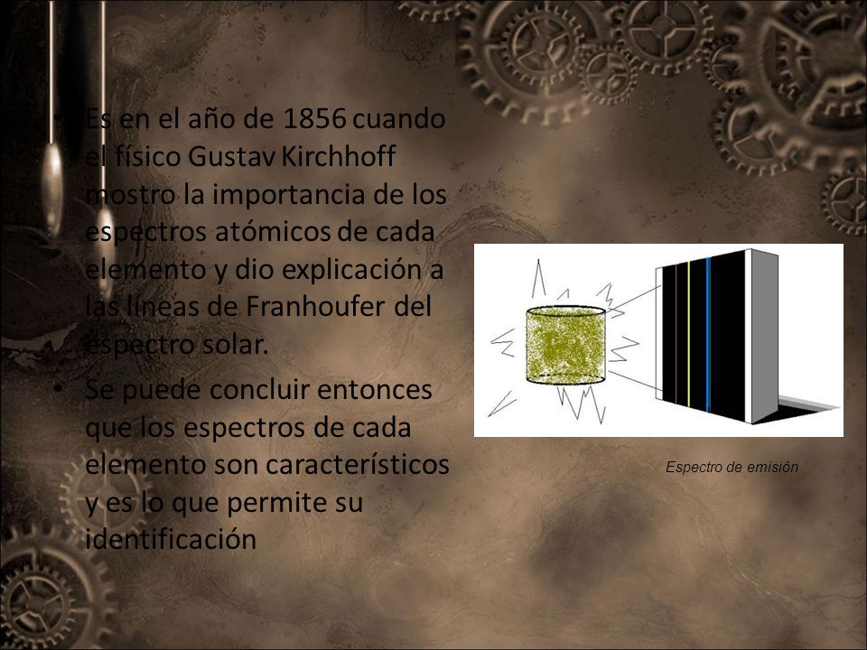 Es en el año de 1856 cuando el físico Gustav Kirchhoff mostro la importancia de los espectros atómicos de cada elemento y dio explicación a las líneas de Franhoufer del espectro solar.