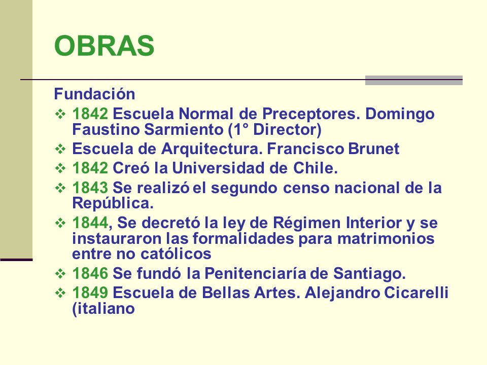 OBRAS Fundación Escuela Normal de Preceptores. Domingo Faustino Sarmiento (1° Director) Escuela de Arquitectura. Francisco Brunet.