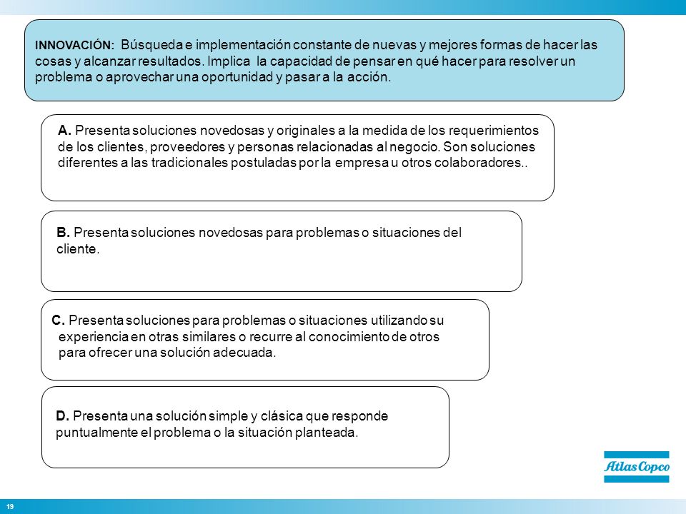 INNOVACIÓN: Búsqueda e implementación constante de nuevas y mejores formas de hacer las cosas y alcanzar resultados. Implica la capacidad de pensar en qué hacer para resolver un problema o aprovechar una oportunidad y pasar a la acción.