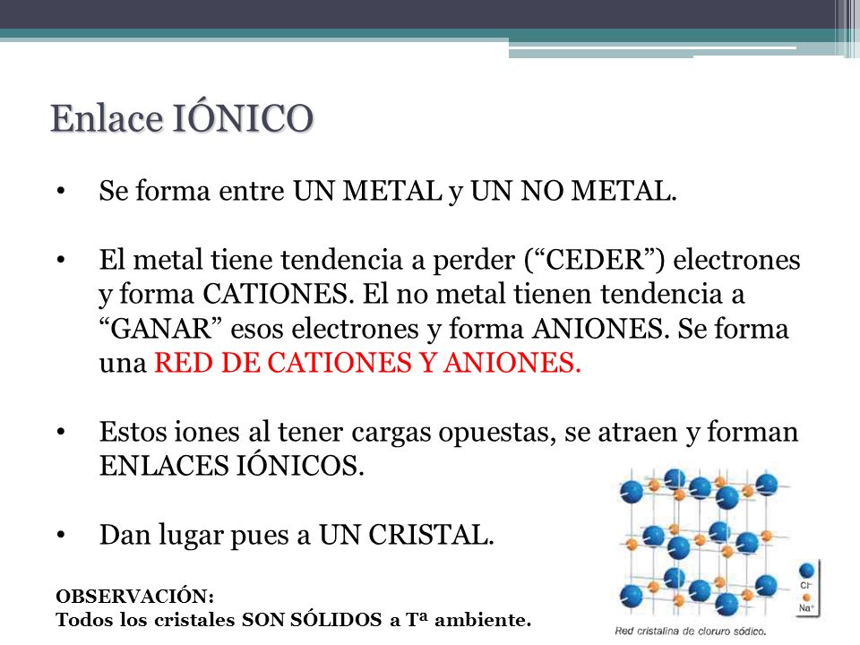 Enlace IÓNICO Se forma entre UN METAL y UN NO METAL.