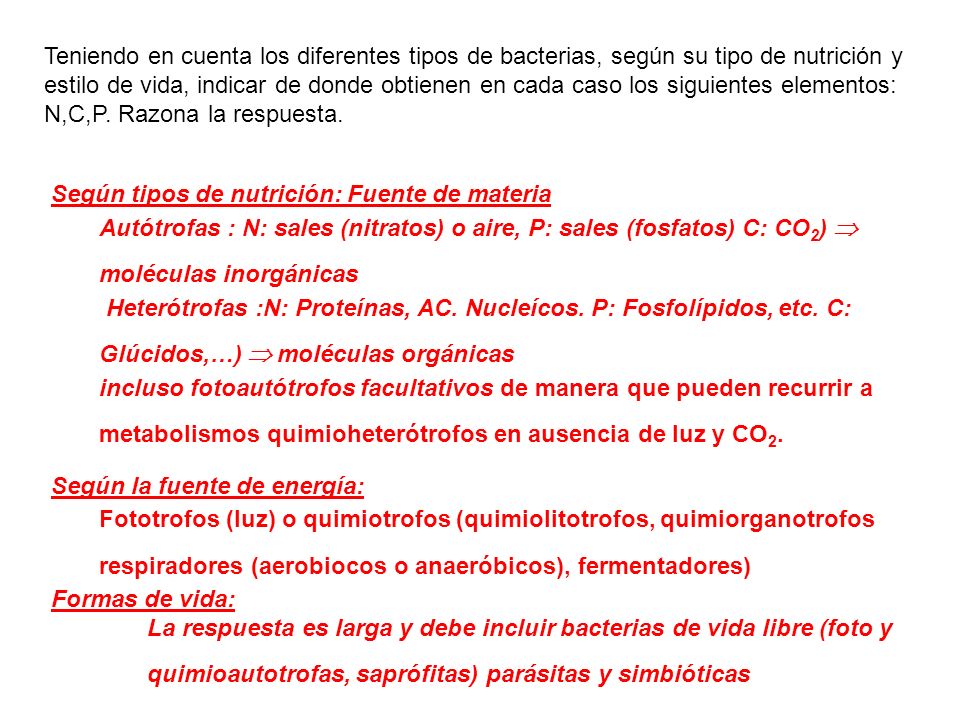 Teniendo en cuenta los diferentes tipos de bacterias, según su tipo de nutrición y estilo de vida, indicar de donde obtienen en cada caso los siguientes elementos: N,C,P. Razona la respuesta.