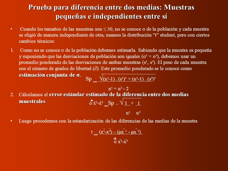 Prueba para diferencia entre dos medias: Muestras pequeñas e independientes entre sí