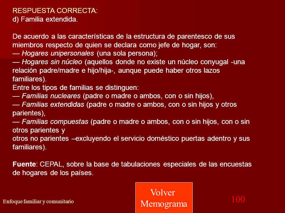 Volver Memograma 100 RESPUESTA CORRECTA: d) Familia extendida.