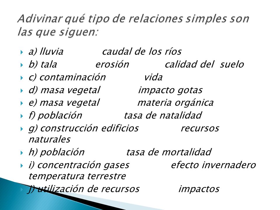 Adivinar qué tipo de relaciones simples son las que siguen: