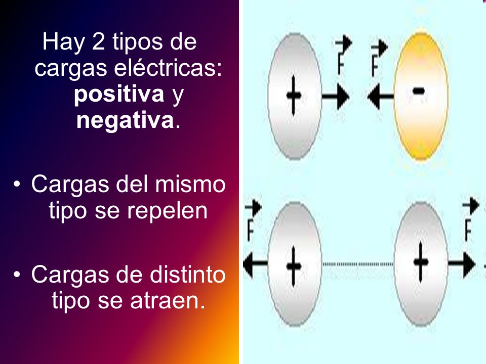 Hay 2 tipos de cargas eléctricas: positiva y negativa.