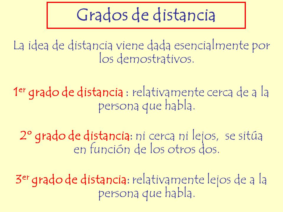 Grados de distancia La idea de distancia viene dada esencialmente por los demostrativos.