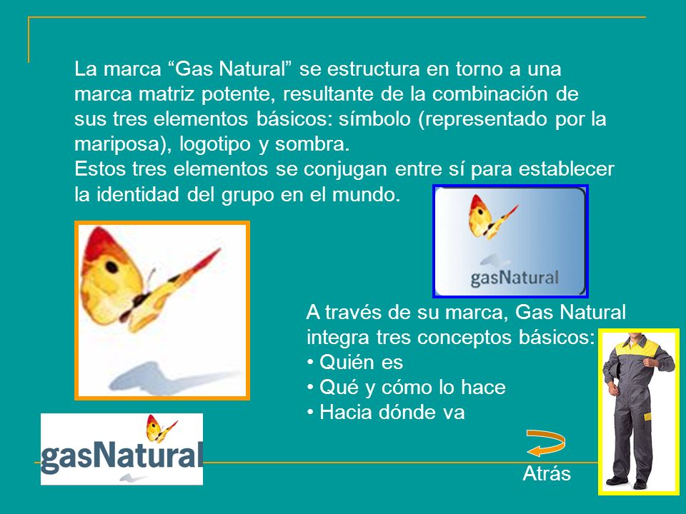 La marca Gas Natural se estructura en torno a una marca matriz potente, resultante de la combinación de sus tres elementos básicos: símbolo (representado por la mariposa), logotipo y sombra.