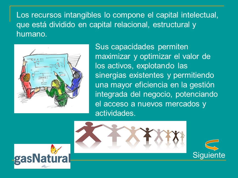 Los recursos intangibles lo compone el capital intelectual, que está dividido en capital relacional, estructural y humano.