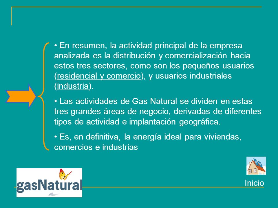 En resumen, la actividad principal de la empresa analizada es la distribución y comercialización hacia estos tres sectores, como son los pequeños usuarios (residencial y comercio), y usuarios industriales (industria).