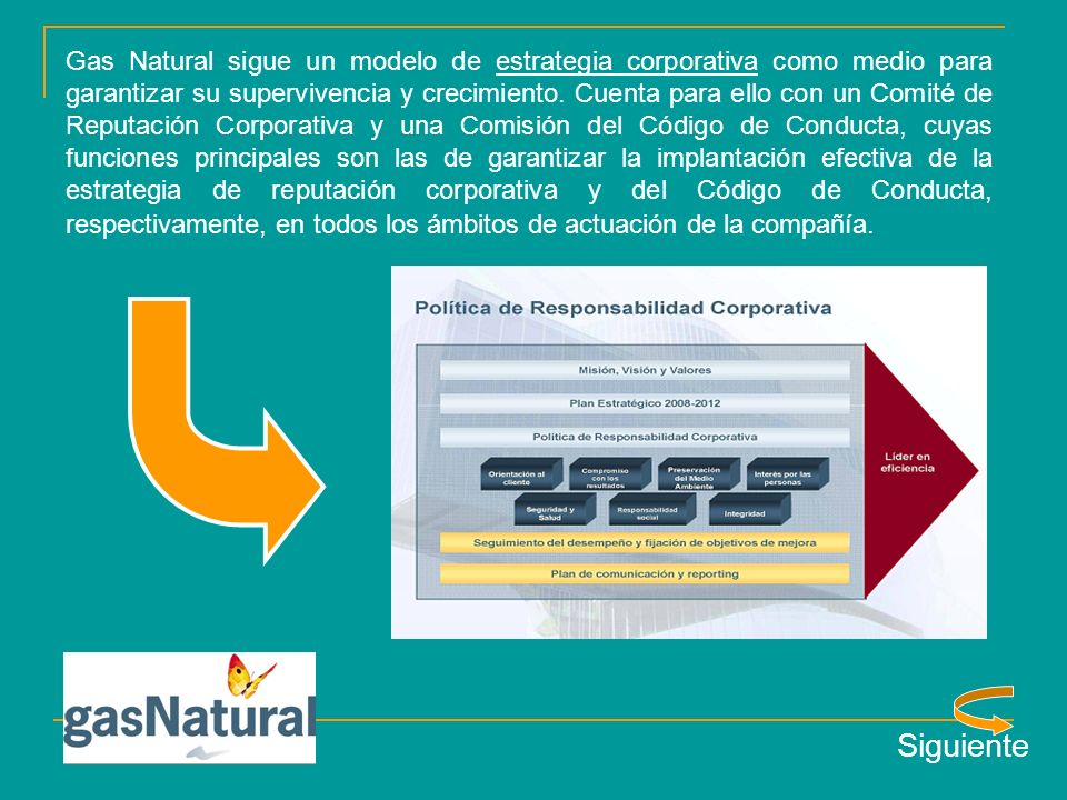 Gas Natural sigue un modelo de estrategia corporativa como medio para garantizar su supervivencia y crecimiento. Cuenta para ello con un Comité de Reputación Corporativa y una Comisión del Código de Conducta, cuyas funciones principales son las de garantizar la implantación efectiva de la estrategia de reputación corporativa y del Código de Conducta, respectivamente, en todos los ámbitos de actuación de la compañía.