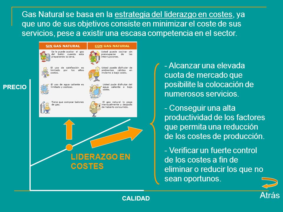 Gas Natural se basa en la estrategia del liderazgo en costes, ya que uno de sus objetivos consiste en minimizar el coste de sus servicios, pese a existir una escasa competencia en el sector.